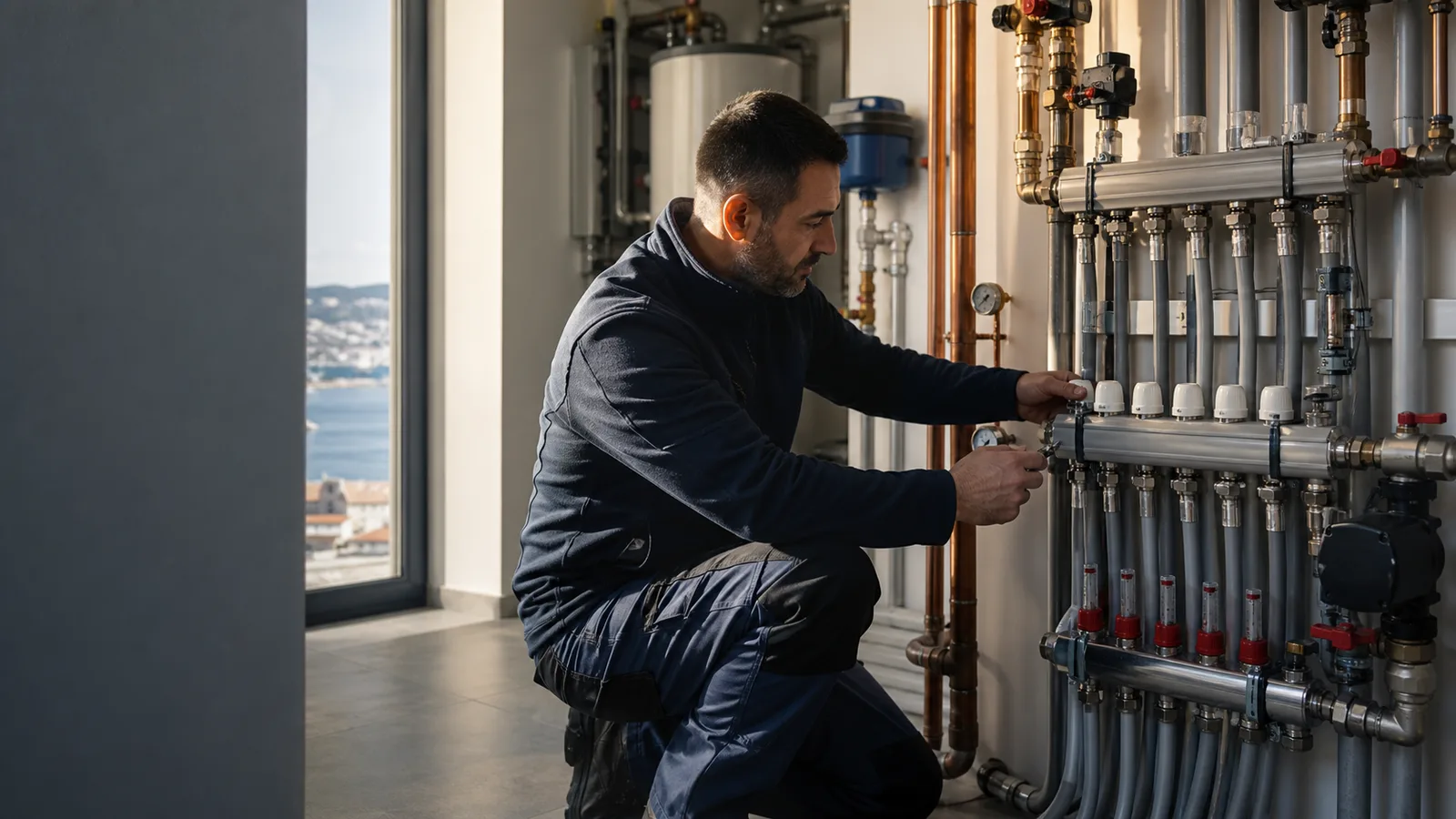 Majstor podešava razdjelnik grijanja u tehničkoj prostoriji